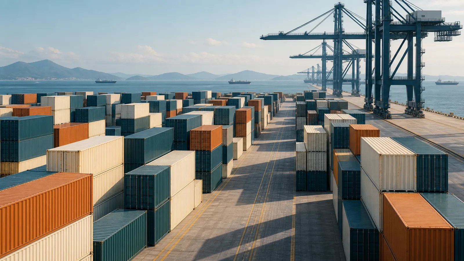 Illustrative concept of shipping containers and port cranes